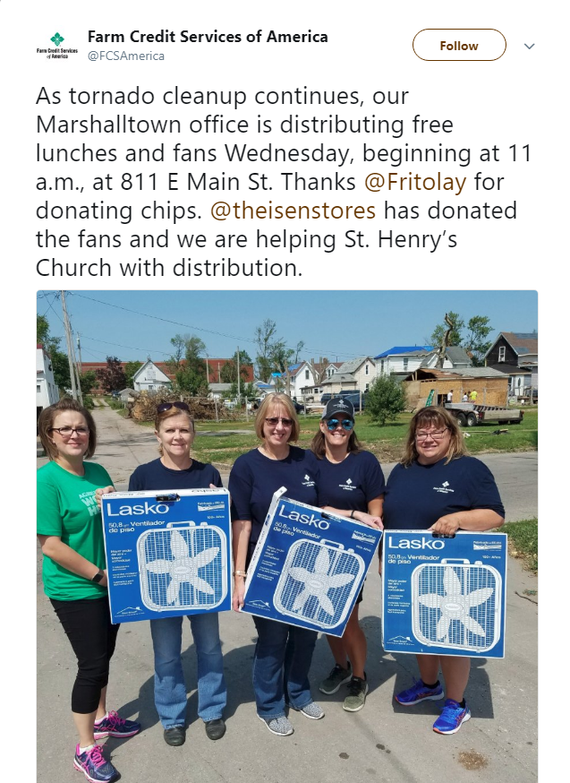 Farm Credit Services of America donate fans after a tornado. 