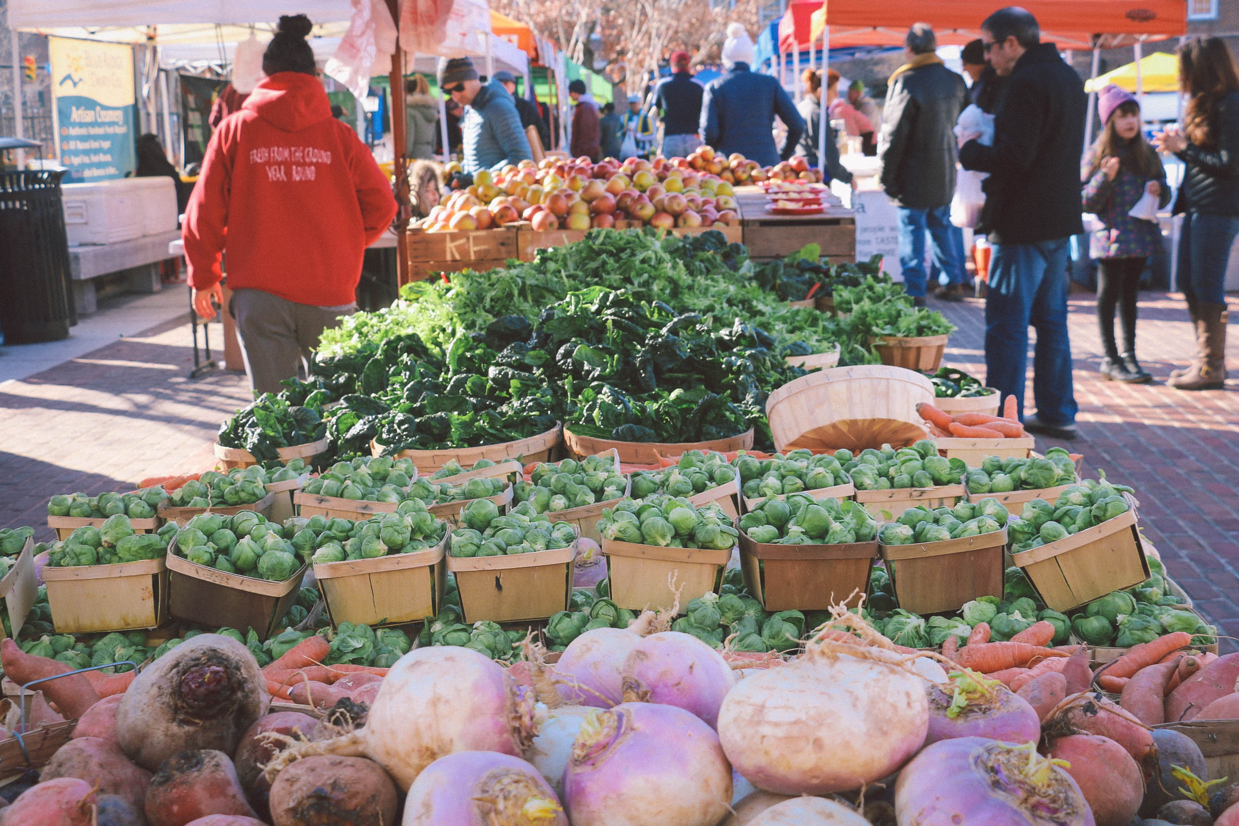 table of different vegetables in foreground at farmers market week, people in distance in background