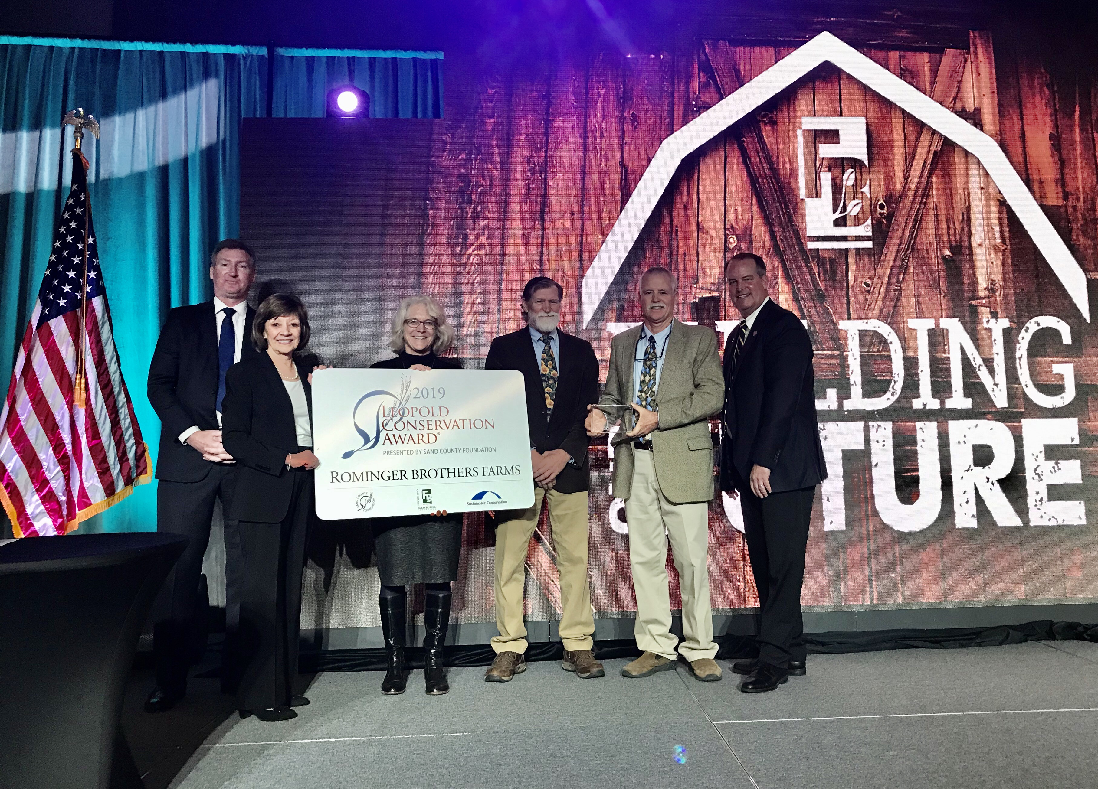 The Rominger Brothers of Yolo County were presented with the 2019 Leopold Conservation Award at the California Farm Bureau Federation’s annual meeting. From left, Kevin McAleese, president/CEO of the Sand County Foundation; California Food and Agriculture Secretary Karen Ross; Ashley Boren, executive director of Sustainable Conservation; Rick and Bruce Rominger, and Farm Bureau President Jamie Johansson.