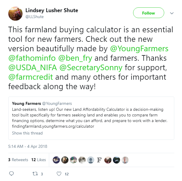 NYFC's Lindsey Lusher Shute tweets about the new Finding Farmland Calculator.