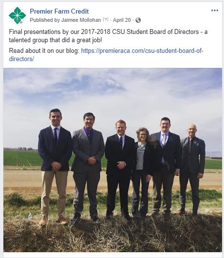 Premier Farm Credit Facebook post about Colorado State University students. 