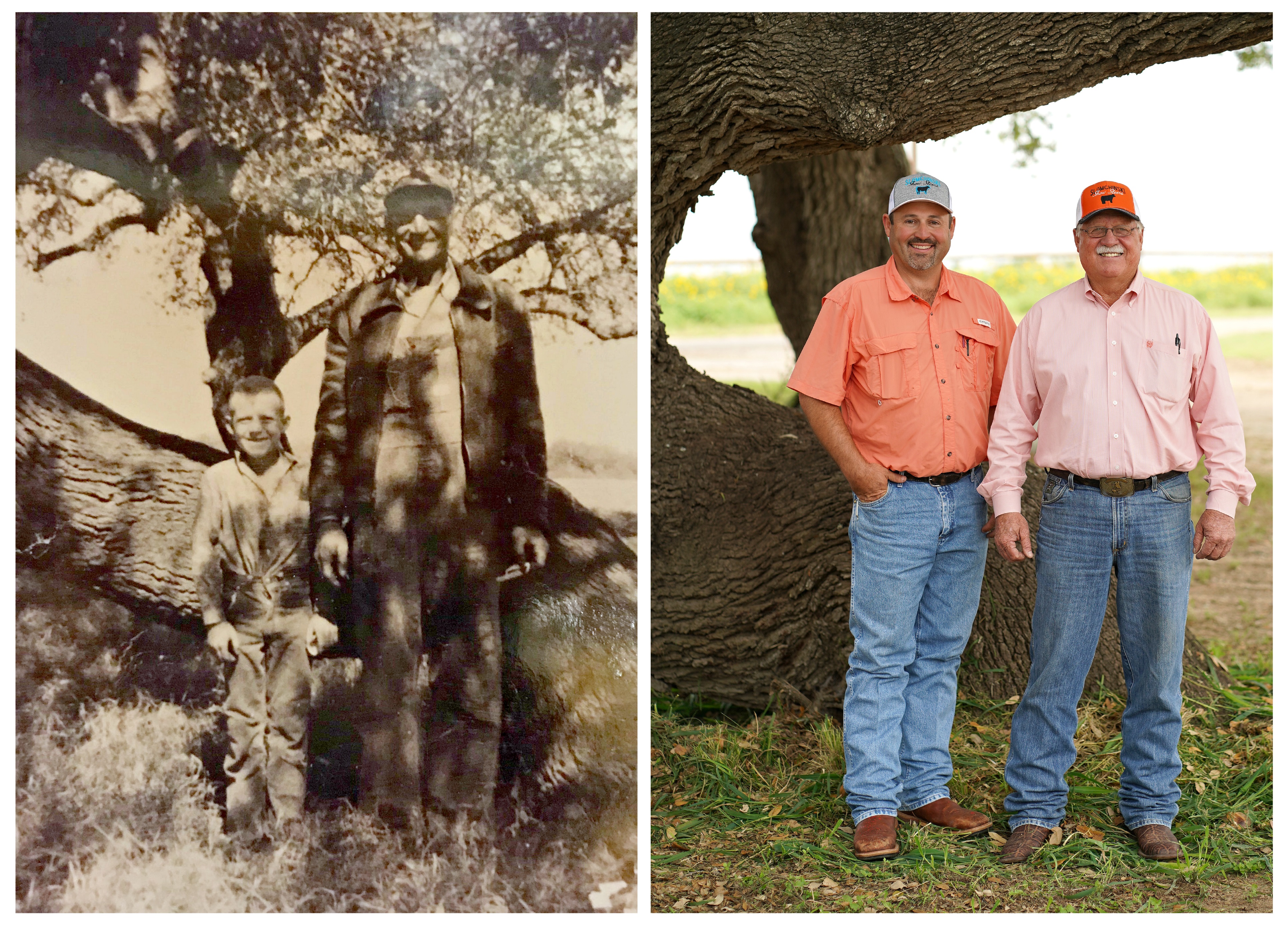 Two  pictures stand side-by-side; the first is of Bill Slomchinski and his father, the second is of Bill Slomchinski and his son Brett, both next to the same curved tree on their farm in Texas.