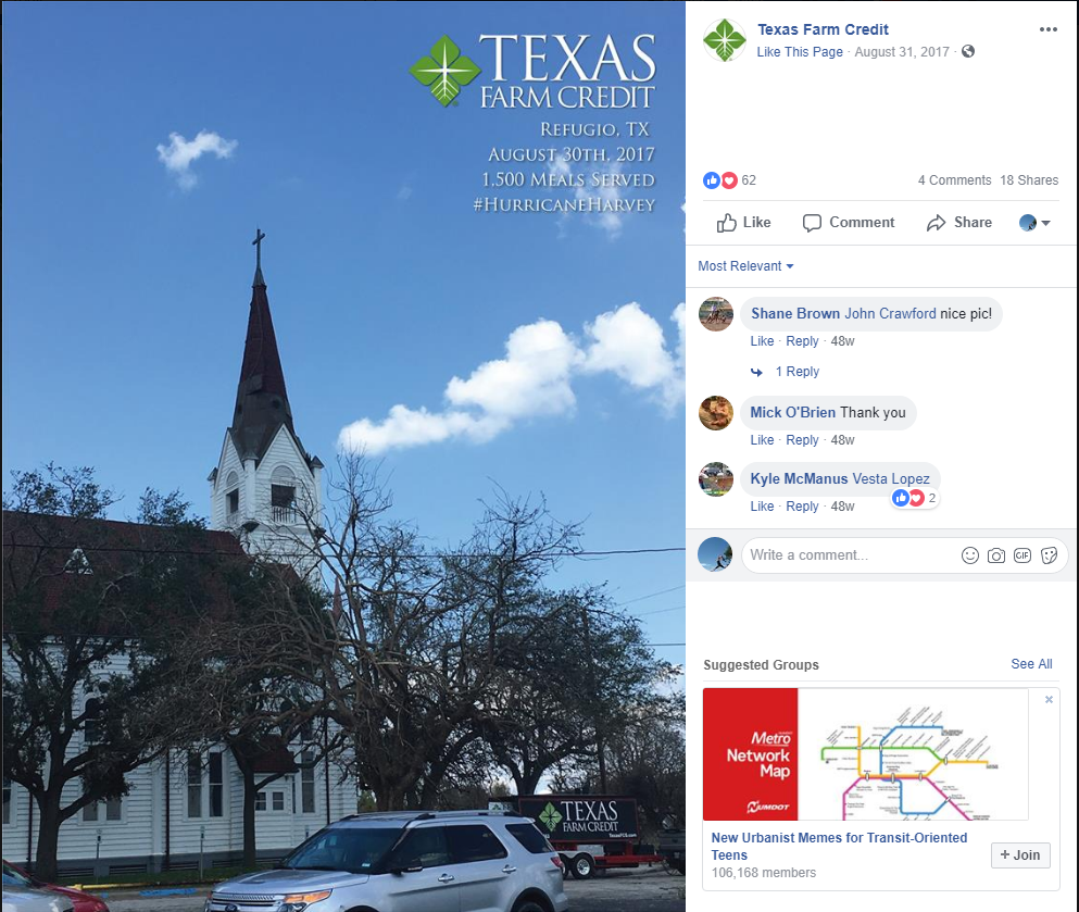 Texas Farm Credit provides meals after the hurricane. 