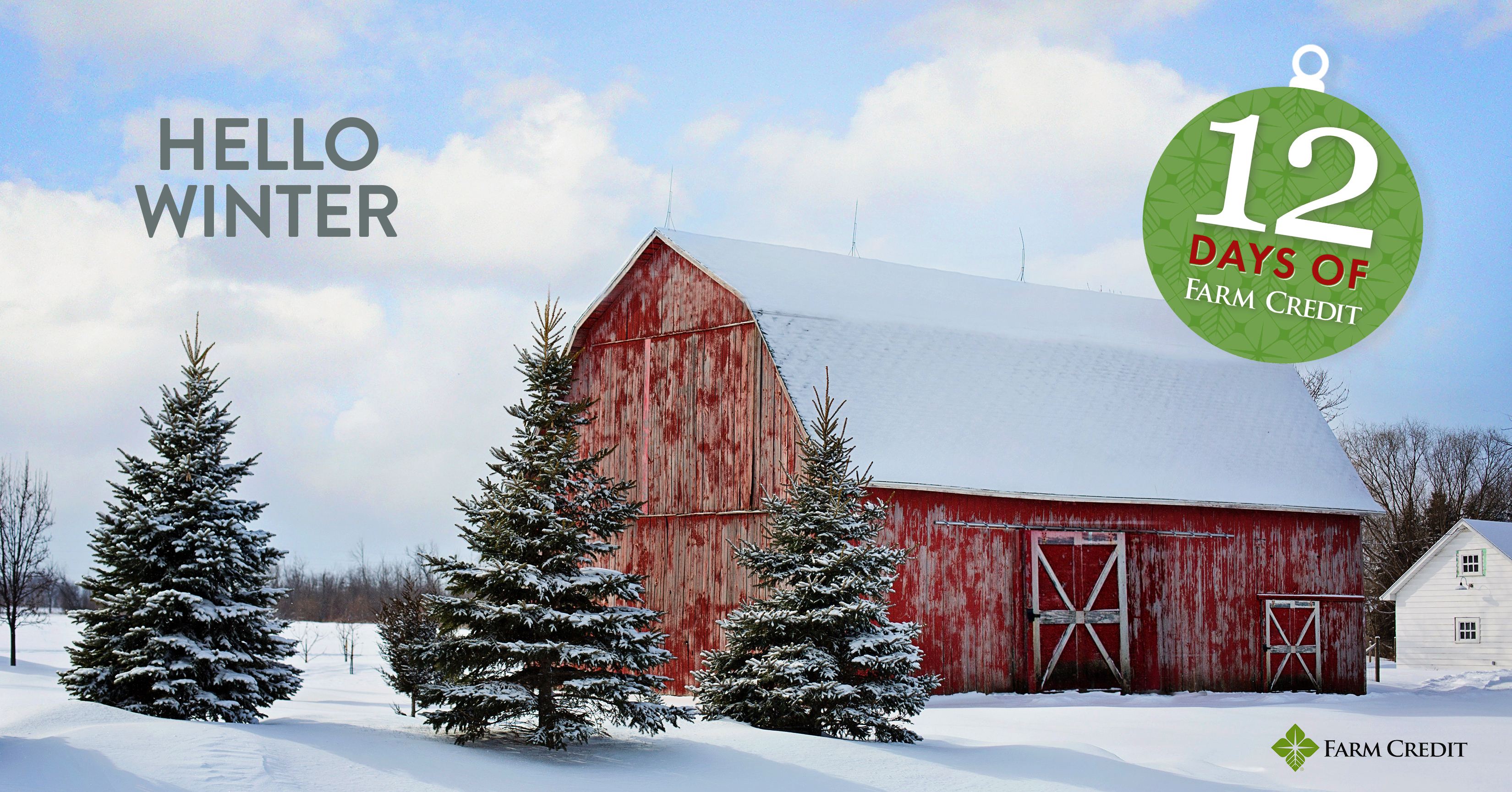 barn in snow with text on screen hello winter